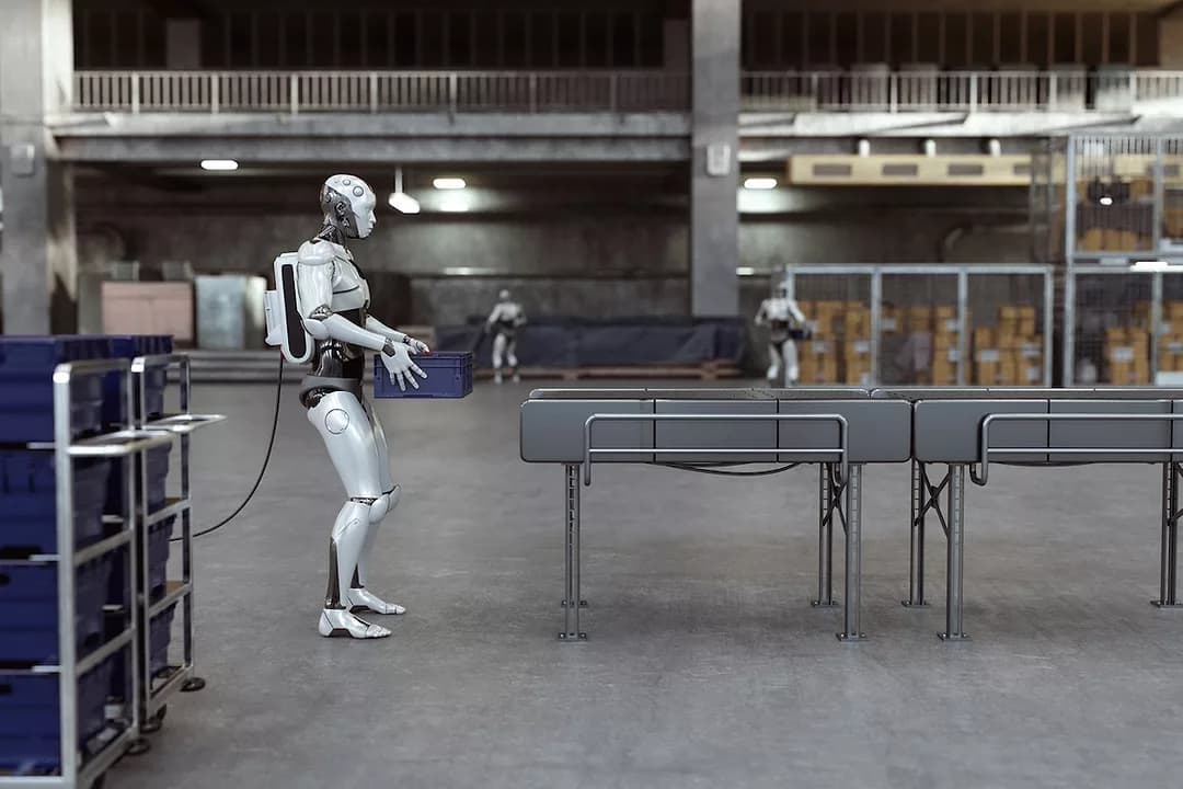 Humanoider hebt eine blaue Kiste in einer Lagerhalle (Symbolbild)