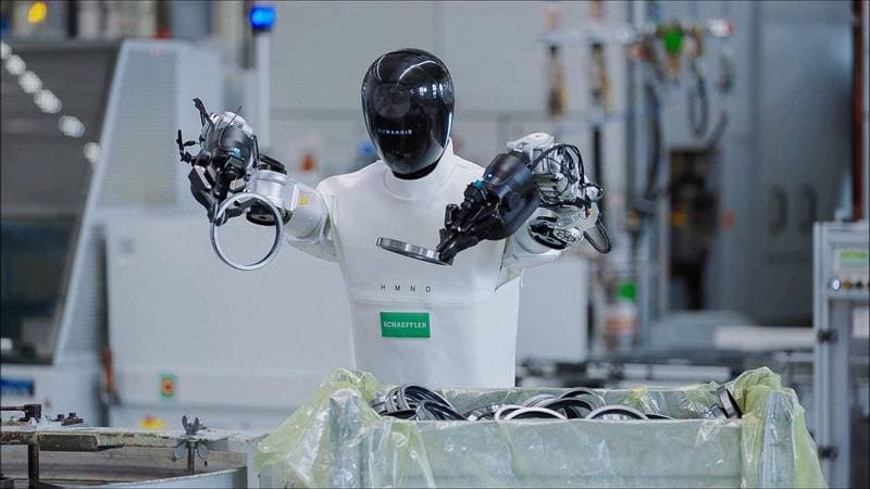 Humanoider Roboter Digit hält Bauteile über einem Behälter in einer Werkshalle