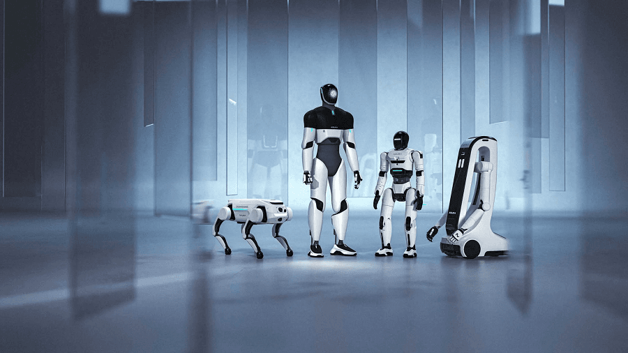 Vier Robotersysteme von NEURA in einer Reihe: ein Vierbeiner, zwei Humanoide und ein Roboter auf Rädern