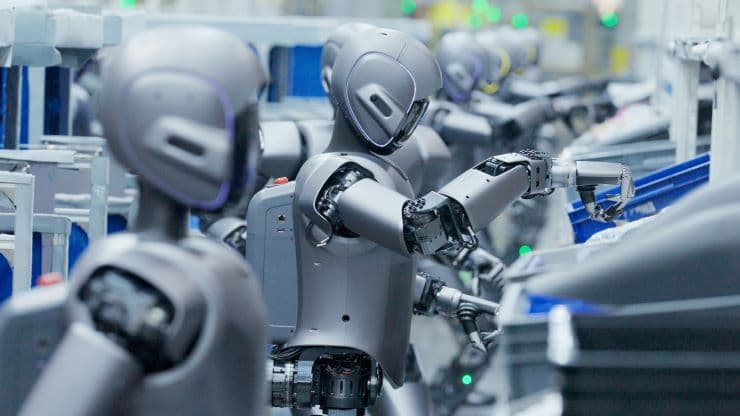 Mehrere UBTECH Walker S2 arbeiten in einer Fertigungsumgebung