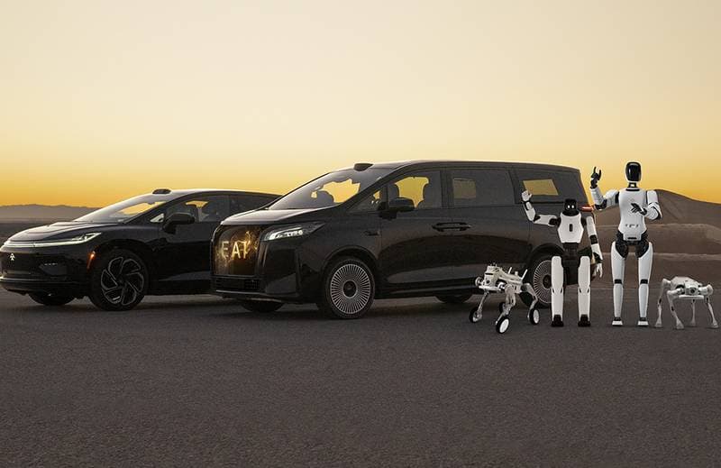 Humanoide und Vierbeiner von Faraday Future neben Fahrzeugen des Herstellers im Freien (Quelle: The Robot Report)