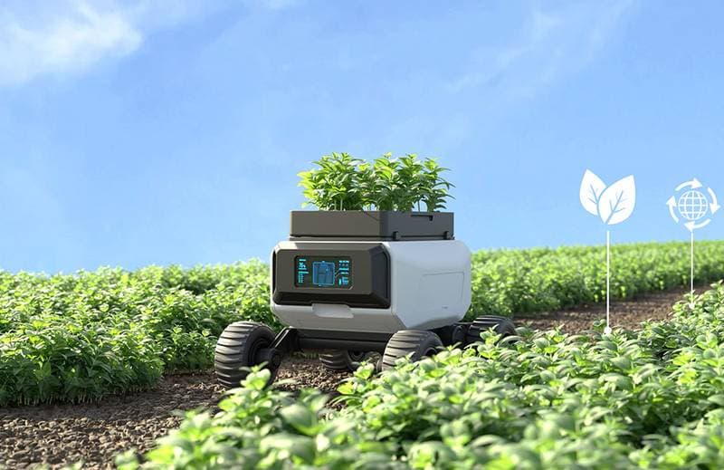 Feldroboter mit Pflanzen zwischen Reihen auf einem Acker (Foto: The Robot Report)