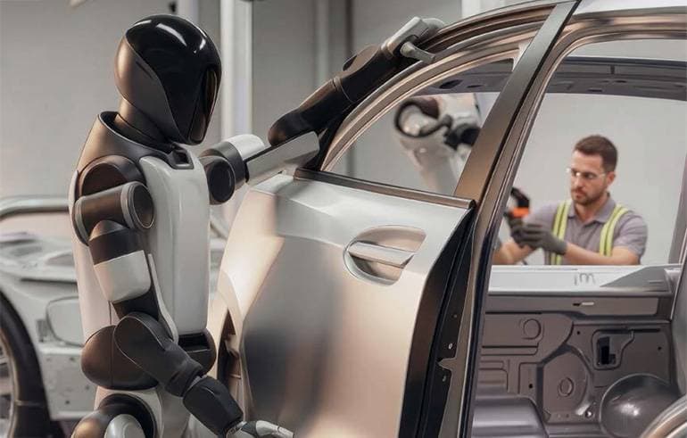 Humanoid in der Montage neben einem Mitarbeiter (Quelle: The Robot Report)
