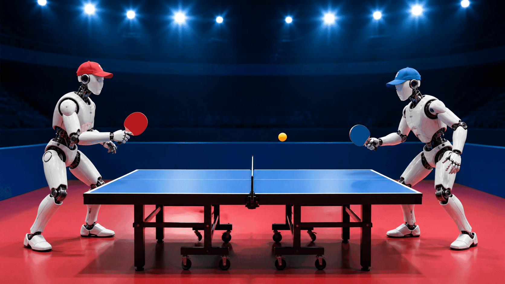 Zwei Humanoide spielen ein komplettes Tischtennis-Match