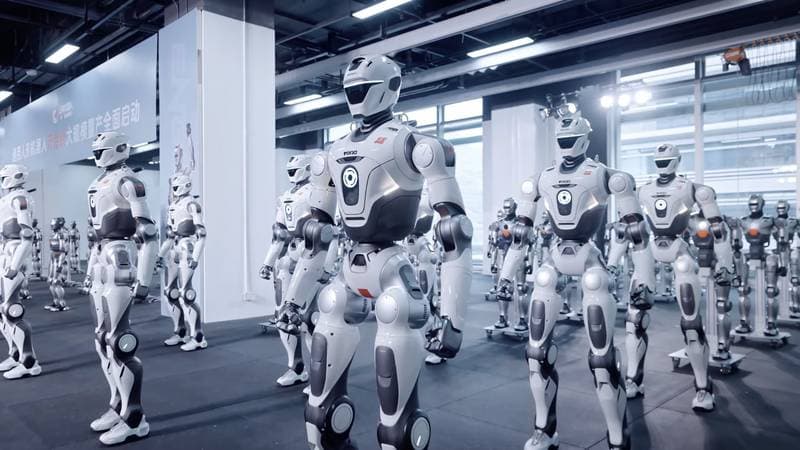 Humanoide Roboter in Reihe in einer chinesischen Produktionshalle