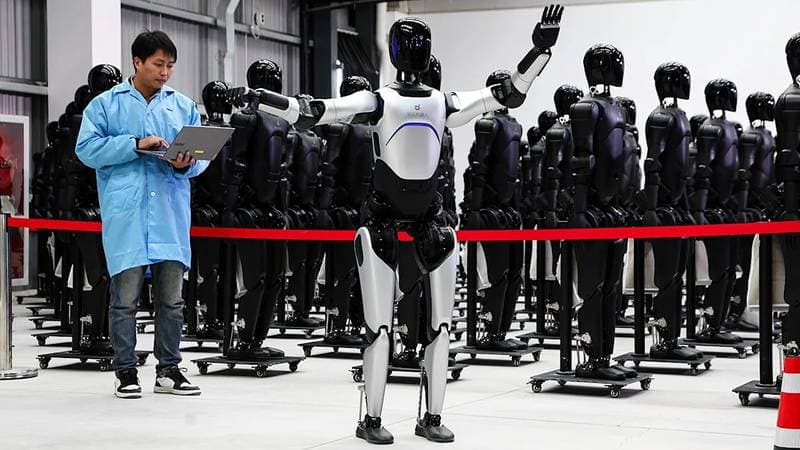 Ein Bediener mit Tablet vor einer Reihe identischer humanoider Roboter (Quelle: humanoid.guide)