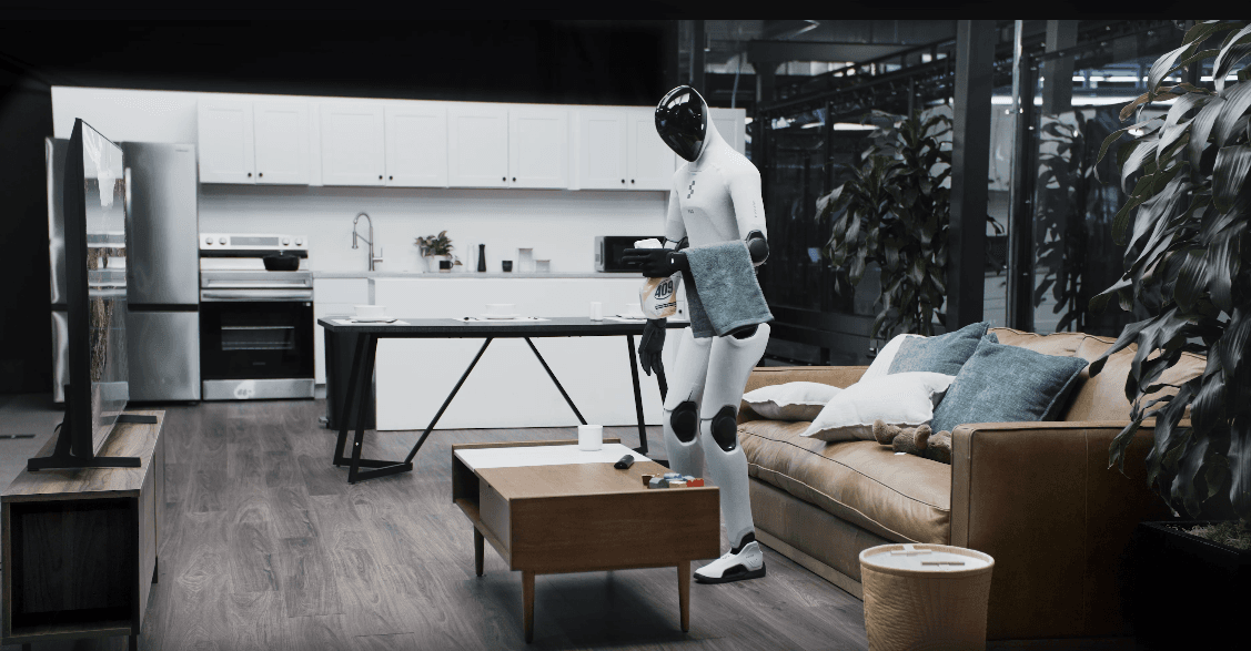Ein Figure-Humanoid wischt selbstständig einen Couchtisch ab (Quelle: Figure)