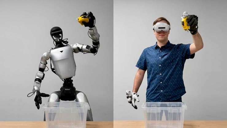 Ein Mensch mit Datenhandschuh und VR-Brille steuert einen Humanoiden (Quelle: NVIDIA)
