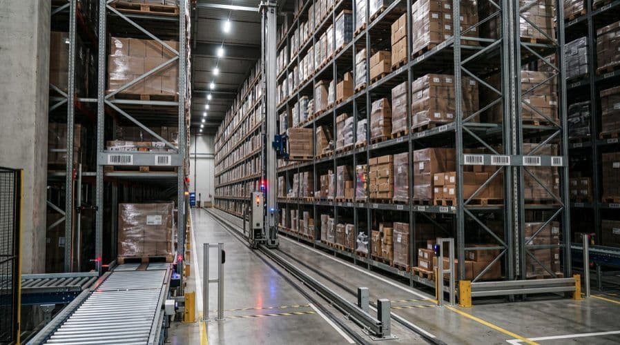 Automatisierte Logistikhalle mit Regalen und glattem Industrieboden