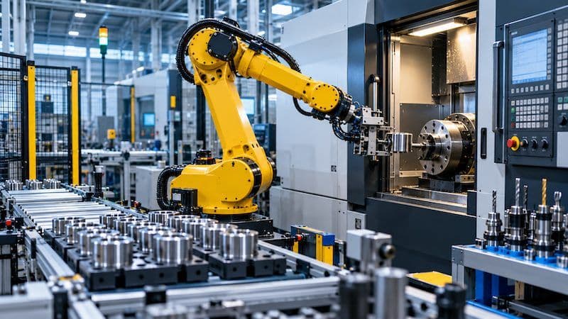 Gelber Industrieroboterarm bearbeitet ein Metallteil an einer Maschine, davor liegen Bauteile auf einem Förderband (Symbolbild)