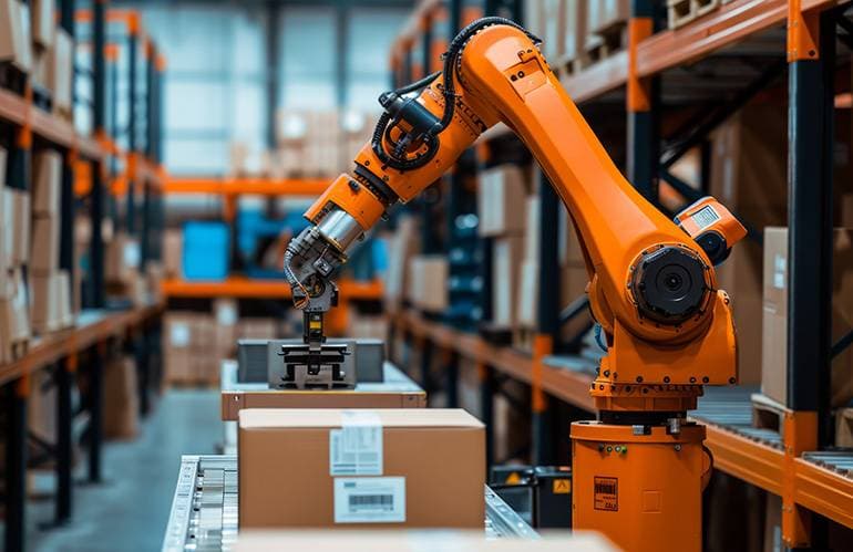 Kommissionierroboter greift einen Karton aus dem Regal (Quelle: The Robot Report)