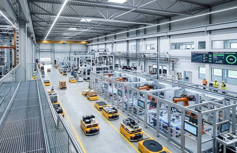 Fahrerlose Transportroboter in einer modernen Fabrikhalle
