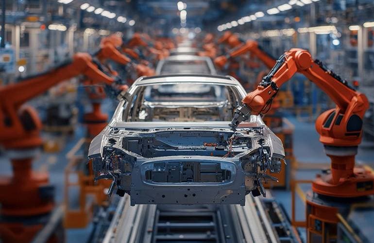 Fertigungslinie in der Automobilproduktion: Karosserien laufen an Schweißrobotern vorbei (Quelle: The Robot Report)