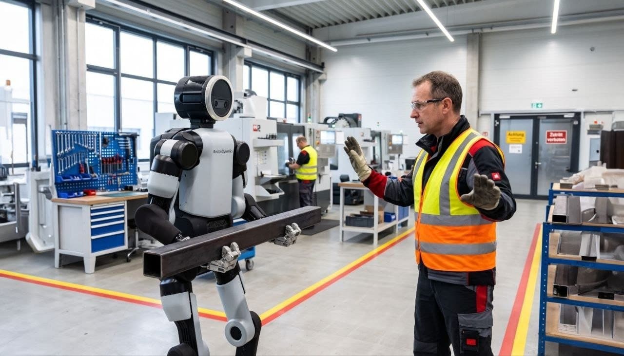 Mitarbeiter in Warnweste gibt einem Humanoiden mit Stahlträger in der Werkshalle Anweisungen