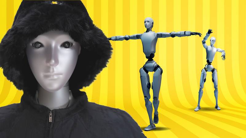 Humanoide von Unitree, aufgereiht vor gelbem Hintergrund Quelle: humanoid.guide