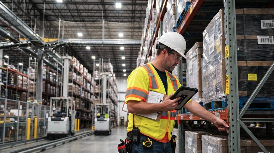 Mitarbeiter in Schutzkleidung prüft Bestand in einem automatisierten Lager Quelle: Robotics & Automation News