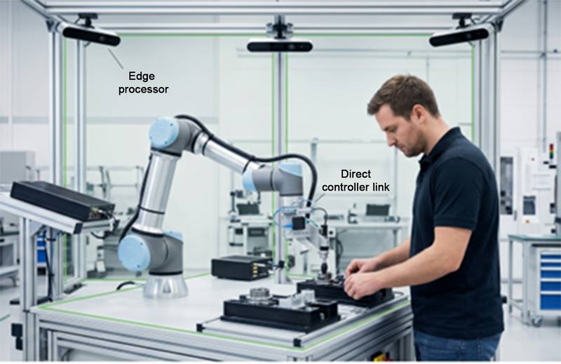 Eine Roboterzelle mit lokaler Recheneinheit im Bild als Edge-Prozessor markiert: Intrinsic Core läuft auf Hardware direk