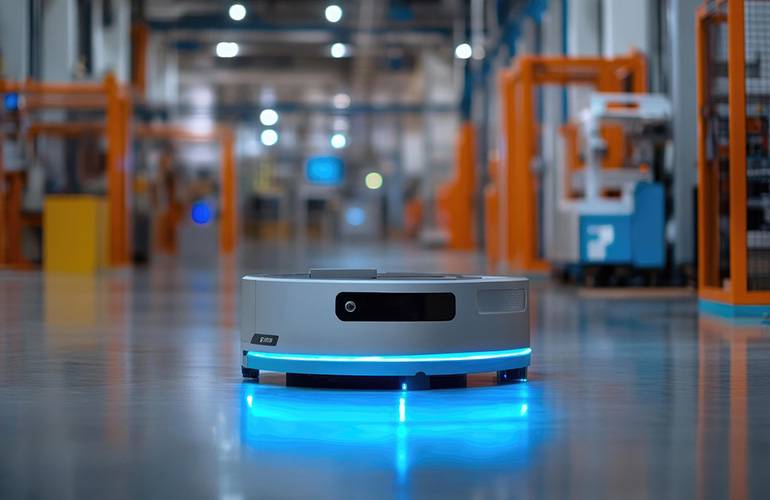 Fahrerloses Transportfahrzeug in einer Fertigungshalle Quelle: The Robot Report