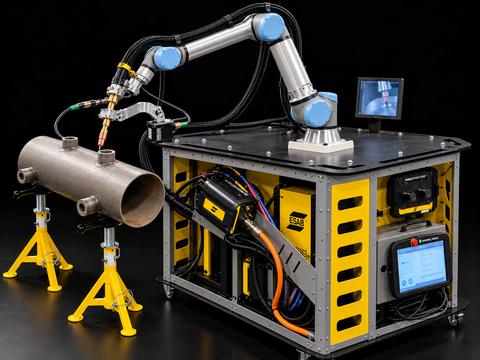 ROBBI AI auf Rollwagen: Cobot, Stromquelle und Steuerung in einer Station, davor ein Rohrbauteil auf Böcken Quelle: ESAB