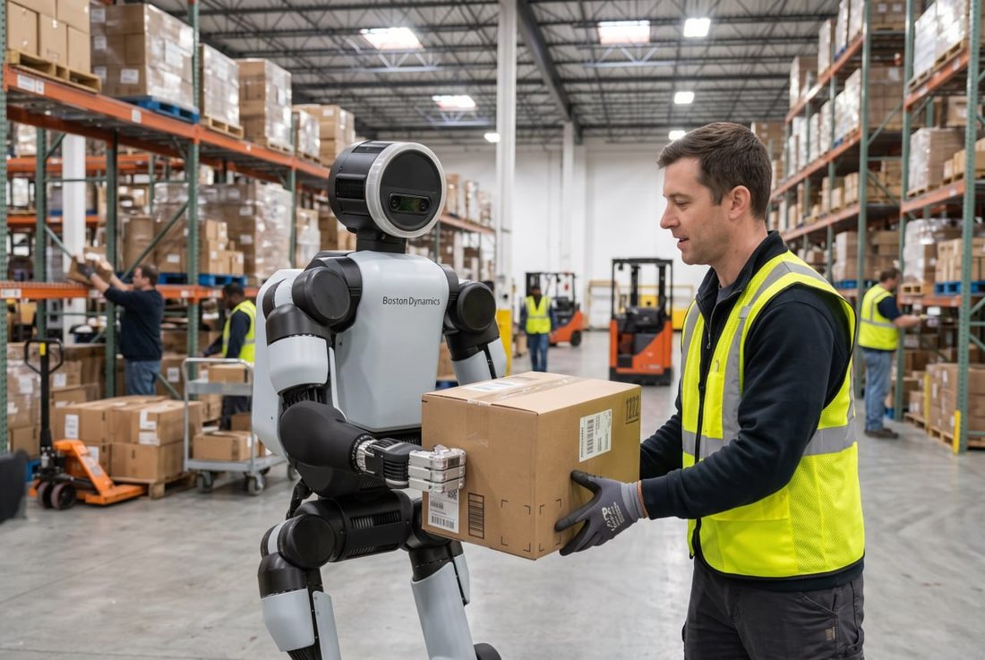 Humanoider Roboter übergibt einem Mitarbeiter in Warnweste einen Karton im Lager Symbolbild