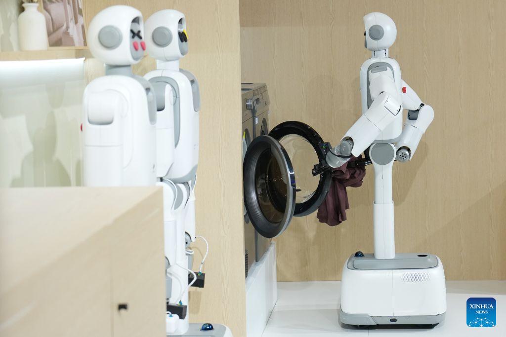 Service-Roboter nimmt Wäsche aus der Waschmaschine und legt sie in den Trockner — Alltagsaufgaben als Demonstrationsszen